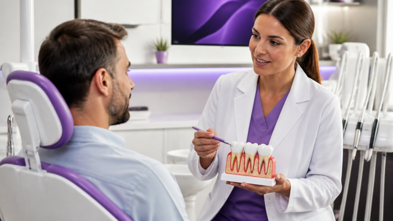 Dentista explicando a saúde da gengiva a um paciente em consultório odontológico