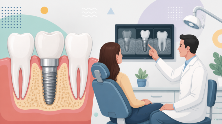 Ilustração de implante dentário com corte da gengiva, pino e coroa ao lado de avaliação odontológica