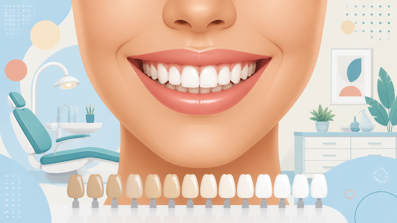 Ilustração de sorriso com dentes em tons mais claros representando o clareamento dental em consultório odontológico.