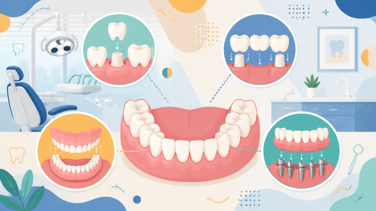 Ilustração vetorial mostrando diferentes tipos de prótese dentária em um arco dentário.