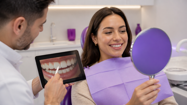 Paciente em consulta odontológica avaliando o sorriso e possíveis facetas dentais com o dentista